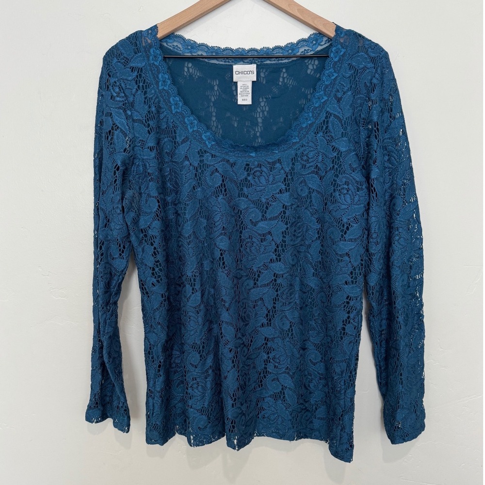 Chico's Blue Floral Lace Long Sleeve Top Sheer Sleeves Romantic Teal L Size 2